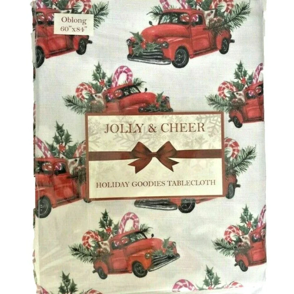 Christmas Red Farm Truck Fabric Tablecloth Country Cabin Farm 60